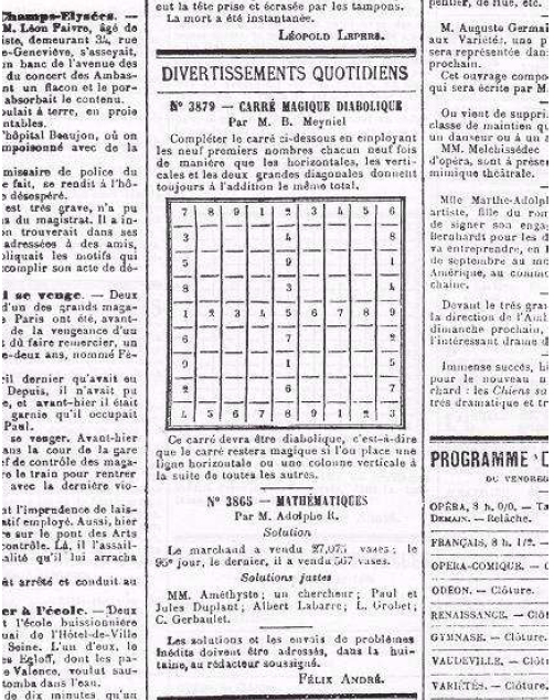 1895 La France newspaper clipping containing a 9 by 9 magic-square puzzle